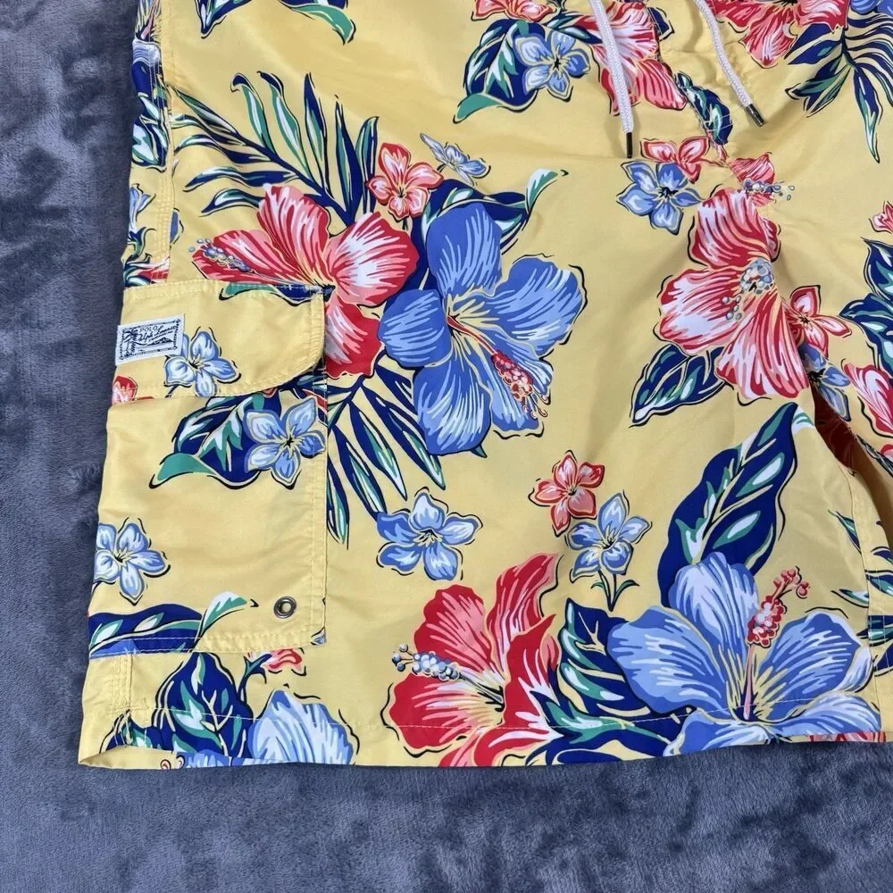 Polo Ralph Lauren Sz 4XL Tall Floral Hibiscus Yellow Hawaiian Swim Trunks Pocket